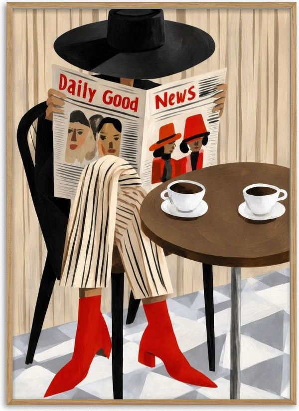 My Coffee Break by Martina Karlsson - a figure in a black hat reading a newspaper at a café table with two coffees