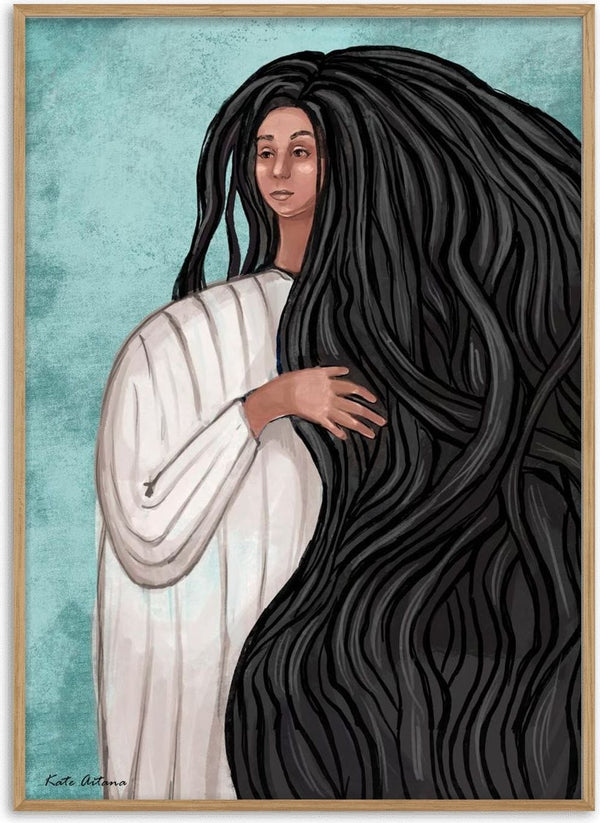 Illustration of a woman with long, voluminous black hair wearing a white robe. "My Hair is Strength" poster.