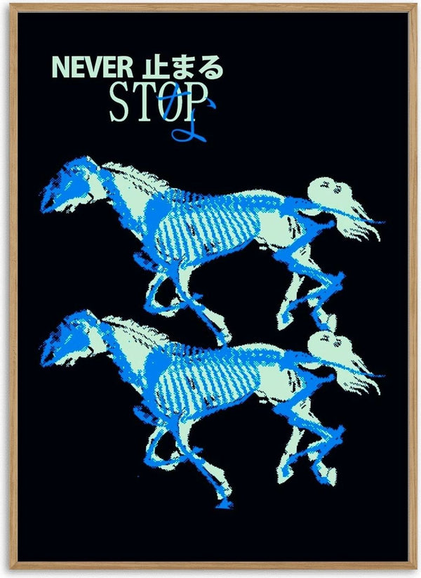 Never Stop by Francisco Gualter - galloping horse skeleton poster on dark blue