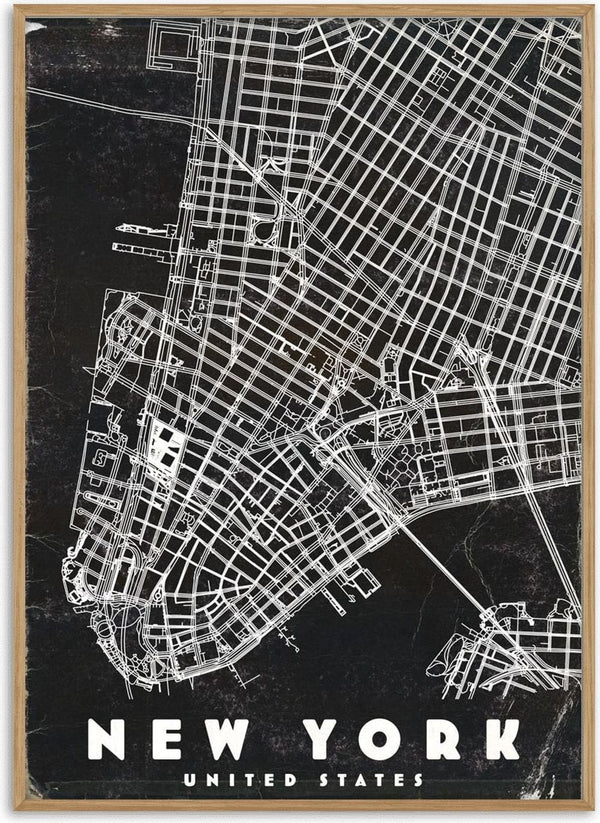 Black and white map of New York City streets with "NEW YORK UNITED STATES" written at the bottom.