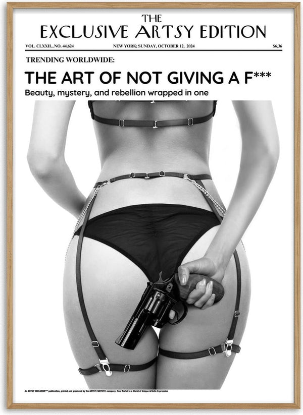 Black-and-white image of a woman in harness lingerie holding a gun, promoting Not Giving a Fuck Hot Edition.