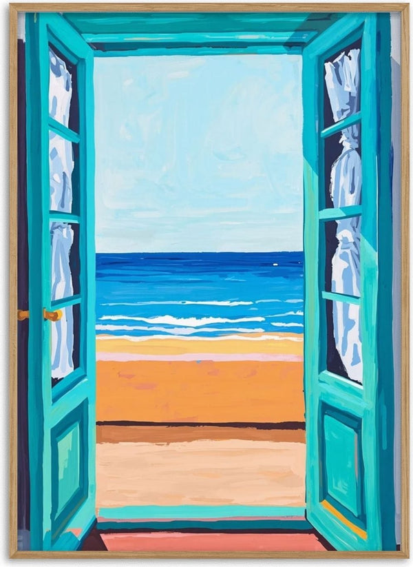 Ocean Views Through Turquoise Doors by Ohkimiko - open turquoise doors framing a blue sea and golden beach