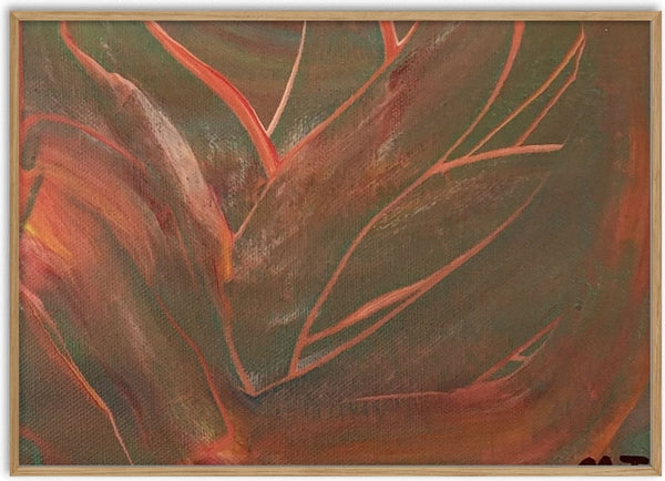 October by Maria-Tia - coral leaf-vein lines fanning over an olive and rust ground