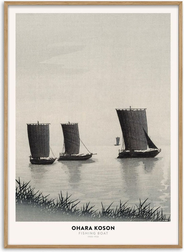 Three traditional fishing boats with tall sails on calm water, artwork by Ohara Koson called "Fishing Boat."