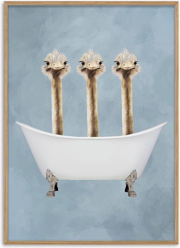 Three ostriches with long necks sit together inside a white clawfoot bathtub against a blue background.