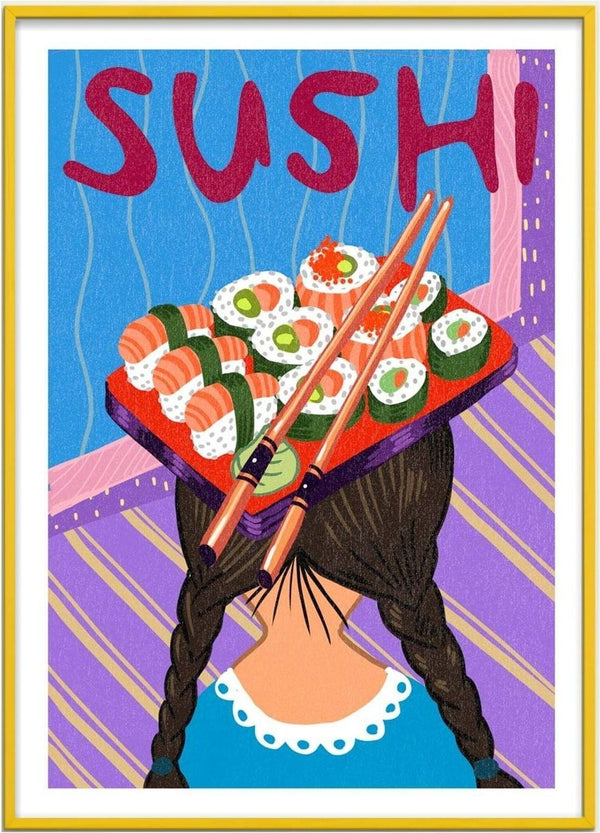 Illustration of a girl with braids balancing a sushi tray on her head, from På Hovedet Sushi - Nina Broen.