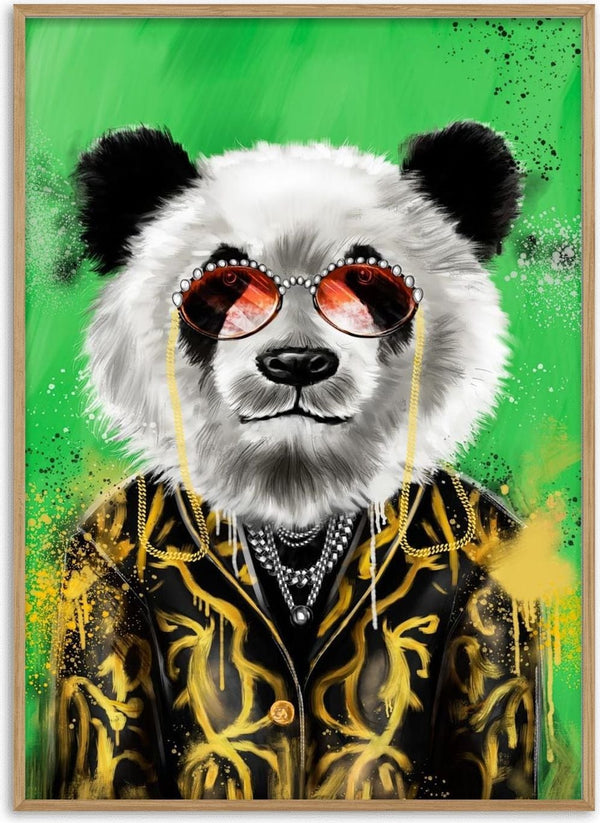Stylish panda in gold jacket and sunglasses on green background for Panda With Gold Jacket Plakat product.