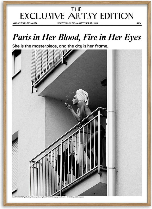 Black and white photo of a woman on a balcony, wrapped in a towel, for Paris In Her Blood Artsy Edition cover.
