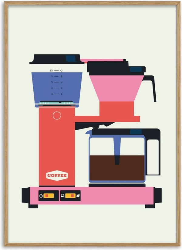 Pastel coffee by Bo Lundberg - a pink and coral red filter coffee machine on off-white