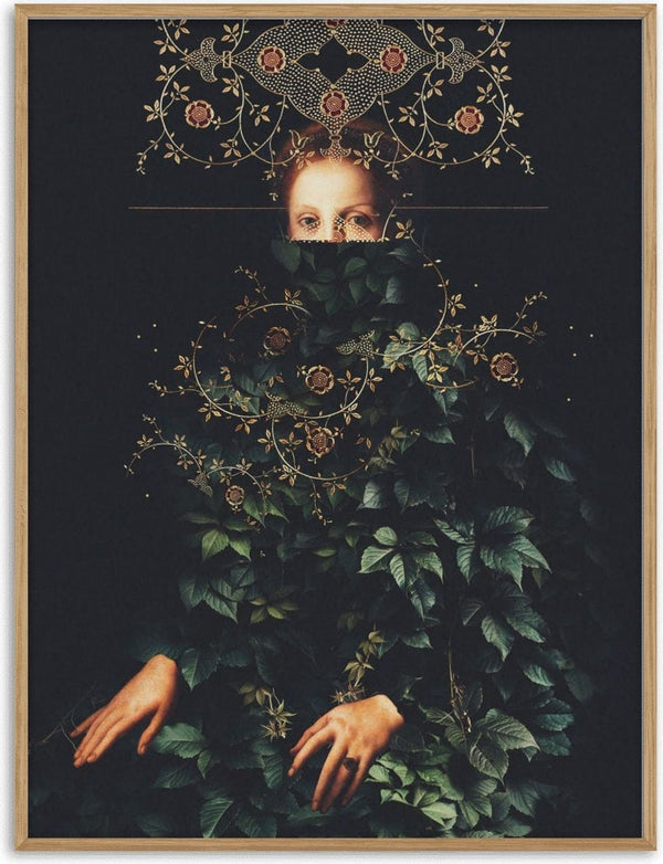 Surreal portrait of a woman partly hidden by green leaves and ornate floral patterns, from Patience II by Frank Moth.