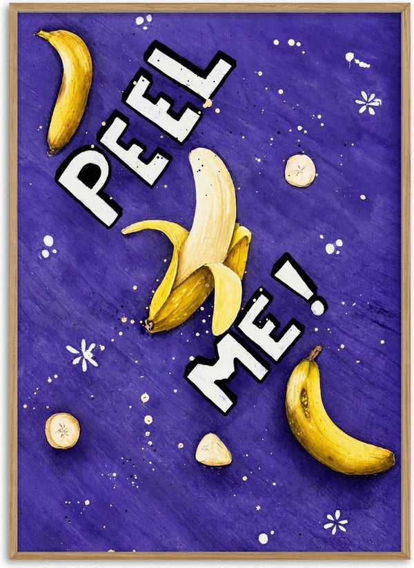 Peel me! by KG Studio - half-peeled banana and scattered slices on a deep violet ground under white block lettering