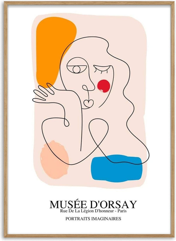 Abstract Picasso-style line portrait with colorful shapes, Musée d'Orsay text below, for Poster Prints.