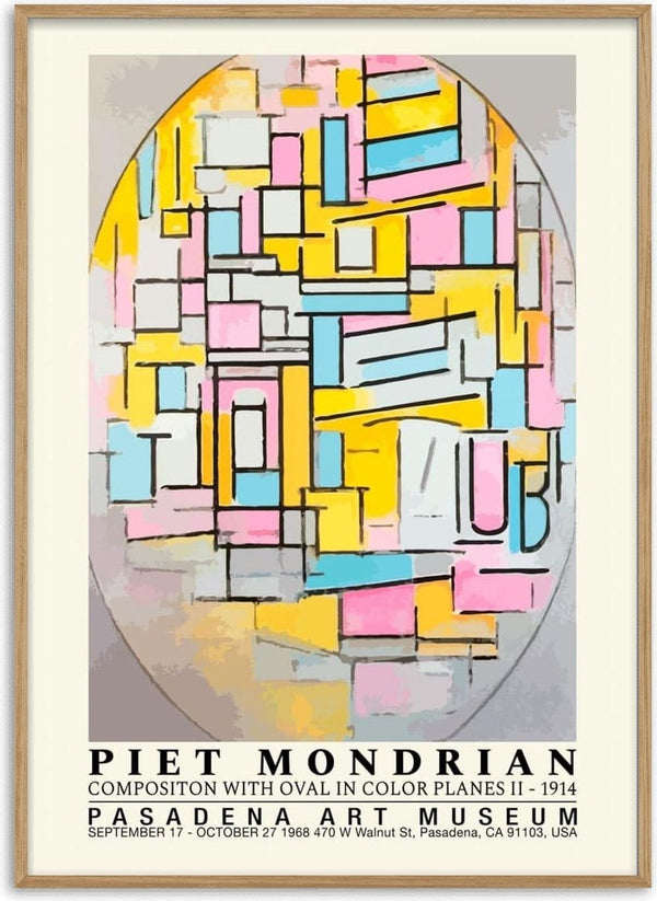 Abstract oval composition with geometric shapes in pastel colors by Piet Mondrian, featured on a museum exhibit poster.