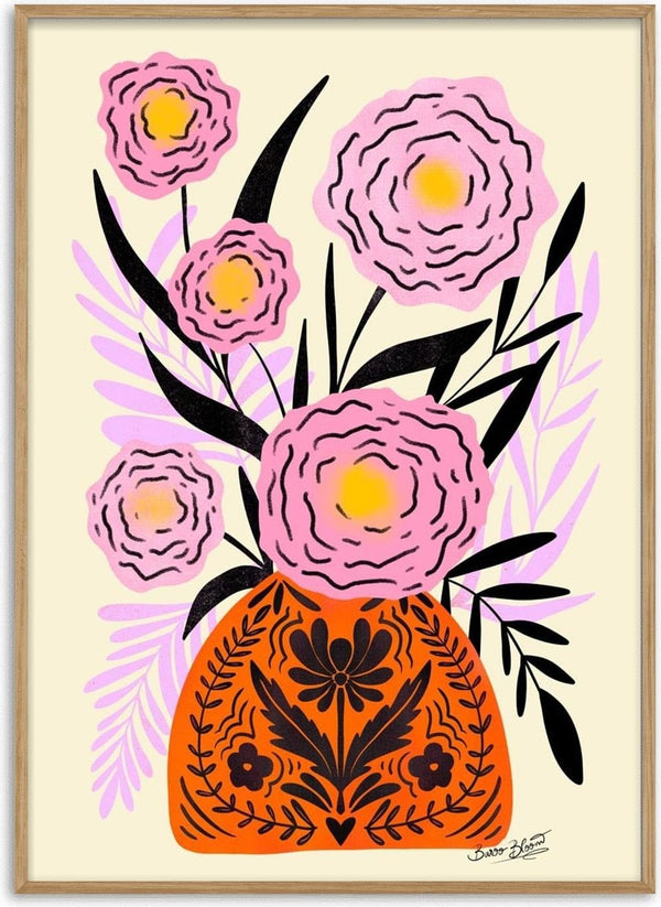 Illustration of pink flowers in a decorative orange vase for the Pink Maxi Flower Vase - Baroo Bloom product page.