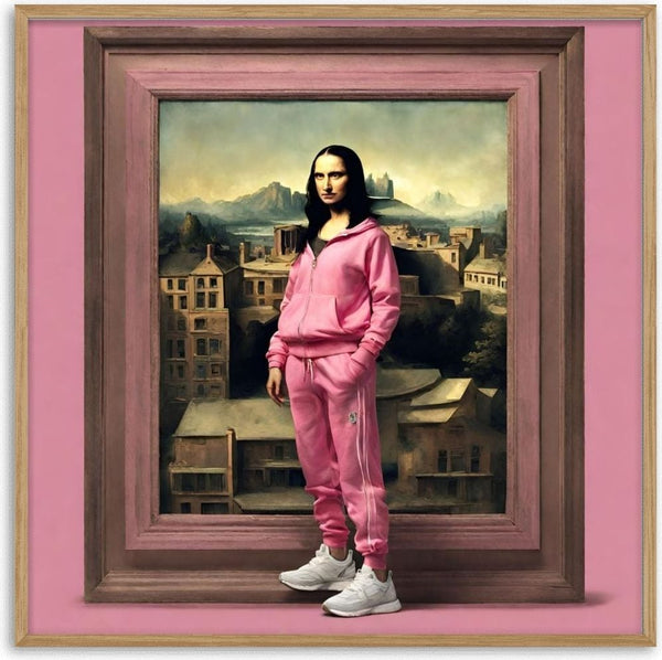 Pink Renaissance by Devour Art - the Mona Lisa in a pink tracksuit stepping out of a pink frame