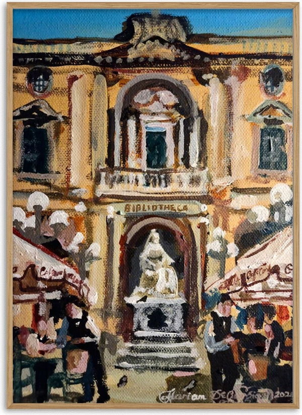 Pjazza Reġina by Mariam De Giorgio — the honey-stone Bibliotheca facade, a marble statue and café awnings on a Valletta square