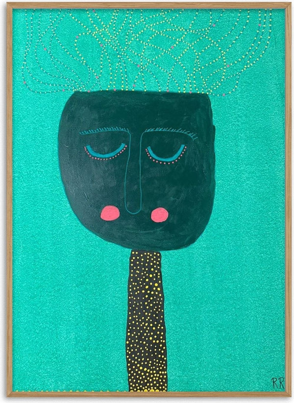 Pricken by RR - a dark teal face with pink cheeks on a bright green ground