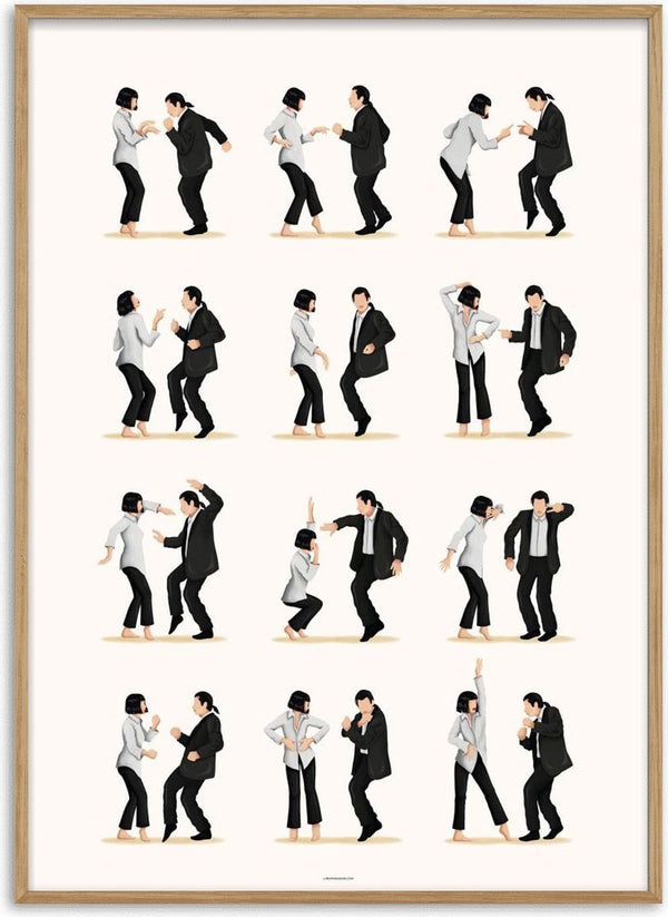 Illustration of iconic Pulp Fiction dance scene in 16 steps by Nour Tohme, two characters dancing.