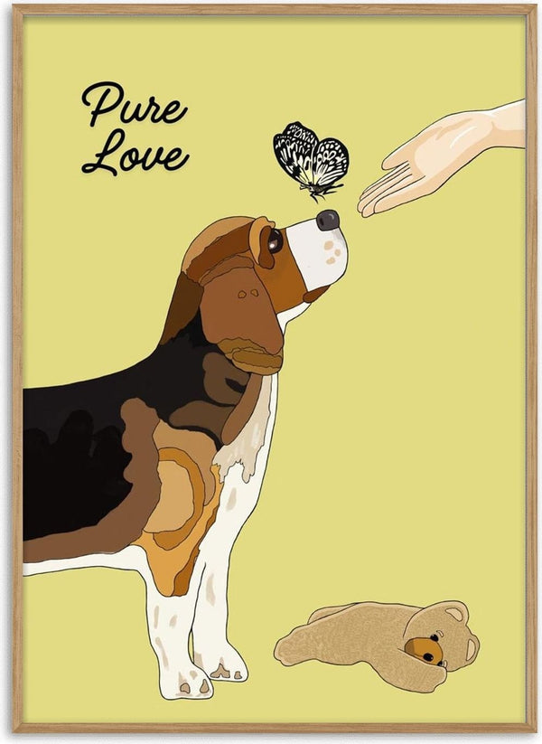 Flat illustration of a beagle reaching towards a human hand with a butterfly on its nose, on an olive green background.