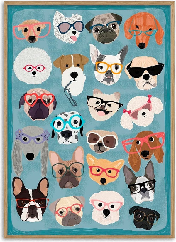 Illustration of various dog breeds wearing colorful glasses, featured on the Puzzle Dogs In Glasses product page.