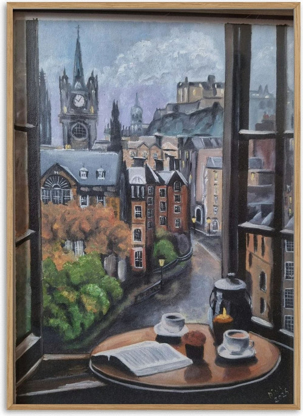 Rainy day by Dina - a grey town with a clock tower seen through an open window above a coffee table