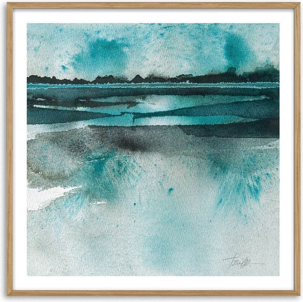 Reflections by Tania Zubareva - a turquoise sky over a dark treeline and bands of teal water