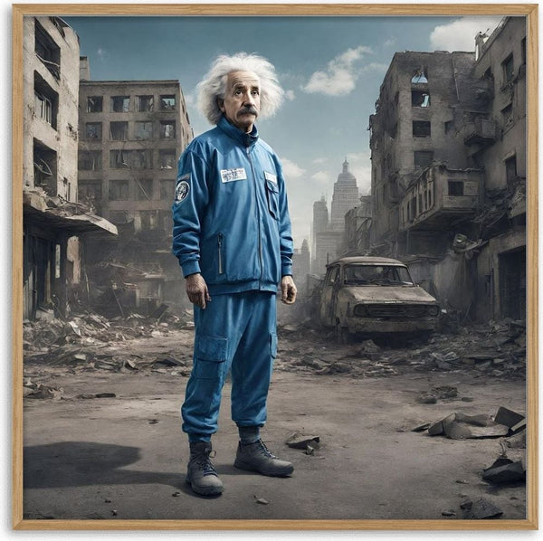 Relativity of Ruins by Devour Art - Albert Einstein in a blue tracksuit in a gutted street