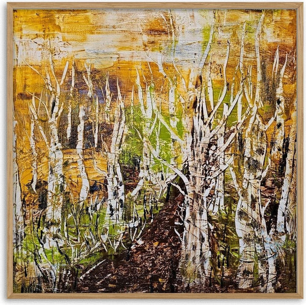 Release by Sabine Halbrock - white birch trunks against golden ochre and bright green