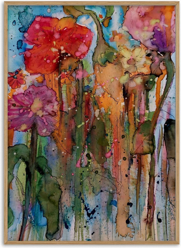 riot garden by hazelart - red and magenta blossoms in ink and watercolour over turquoise and orange