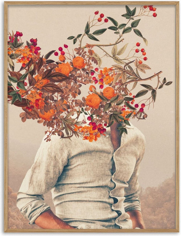 Surreal portrait of a person with their head replaced by vibrant flowers and foliage, Roots Bright by Frank Moth.