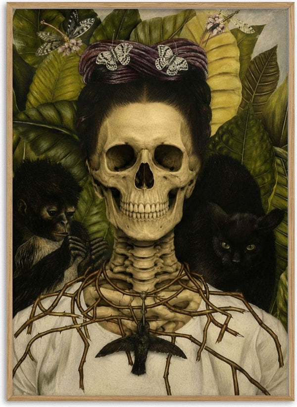 Santa Muerte, A Tribute to Frida Kahlo's Self-Portrait by Devour Art - skull with a thorn necklace and hummingbird, flanked by a monkey and a black cat
