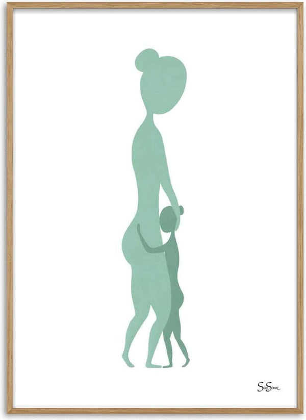 Minimalist art print of a parent and child in green hues, featured on a Sara Sonne - Home Kunstposter product page.