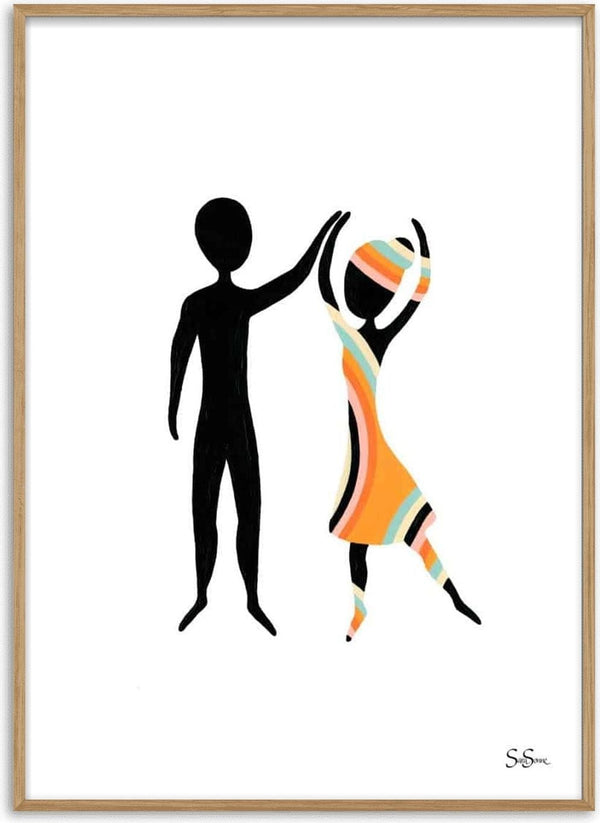 Abstract illustration of two dancing figures, one in colorful dress, from Sara Sonne's "Love" kunstposter.