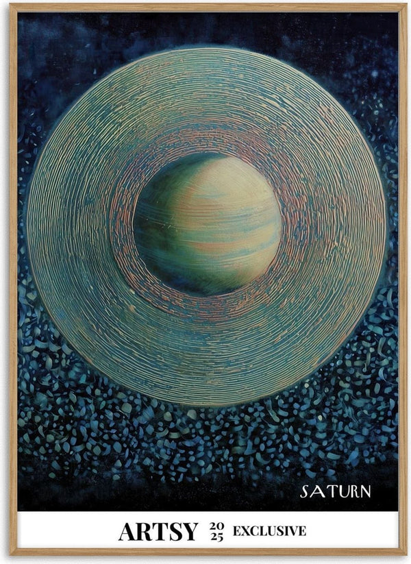 Artwork of Saturn by Martin Zen, featuring the planet’s rings and textured background on a product page.