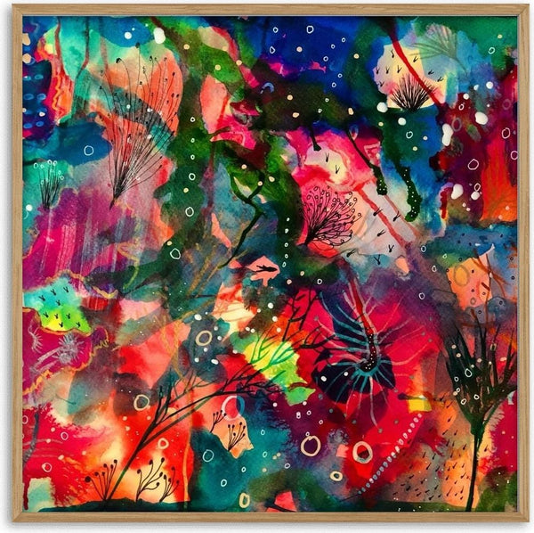 Seaside love by Debbie Seenan - red and turquoise ink abstract with drawn sea plants and bubbles