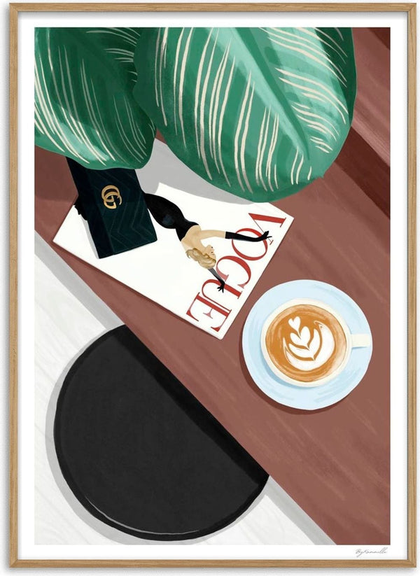 Illustration of a coffee cup, Vogue magazine, and plant on a table, representing self care by ByKammille.