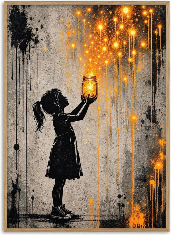Set Them Free by Matthews Gallerie — a black stencil girl releasing glowing orange lights from a glass jar on a concrete wall