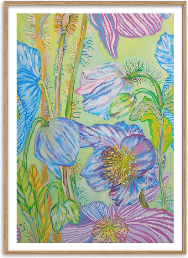 Sfumature blu by Maria Emanuela Fiori - blue and lilac poppies with yellow stamens on yellow-green
