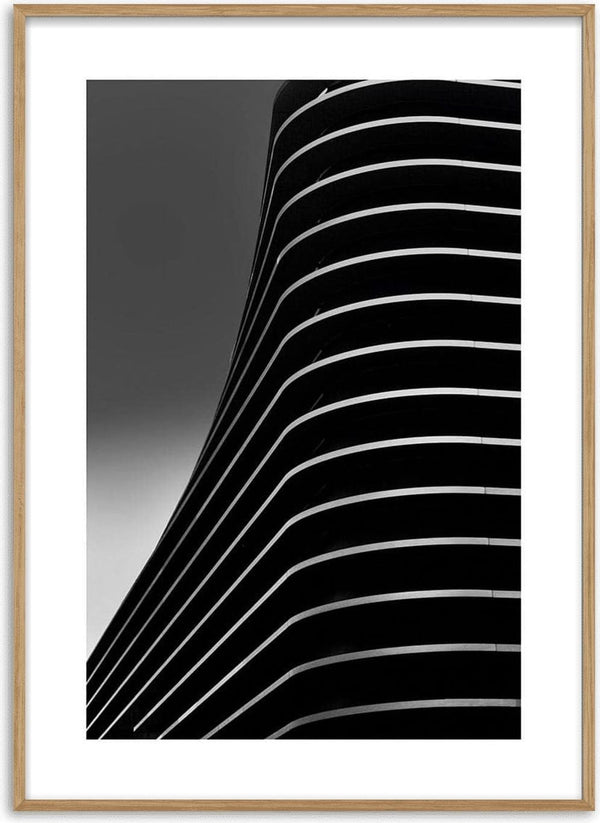 Abstract black poster with curved white lines forming a modern, minimalist wave pattern.