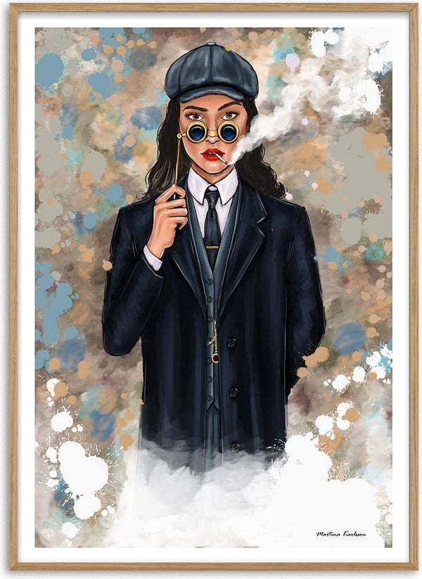 Illustration of Sherlock Haires in vintage attire, holding a monocle and smoking, by Martina Karlsson.