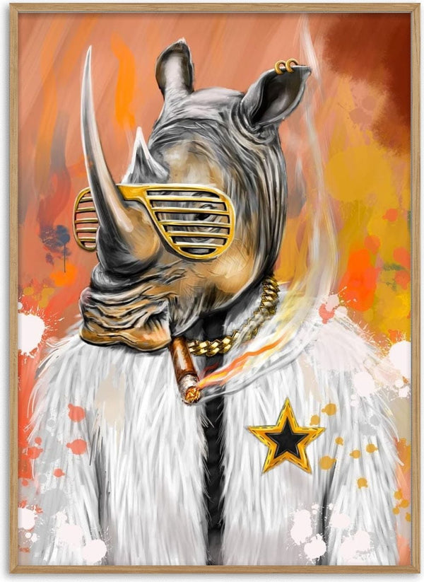 Stylized rhino wearing gold glasses, white fur coat, chain necklace, star badge, and smoking a cigar.