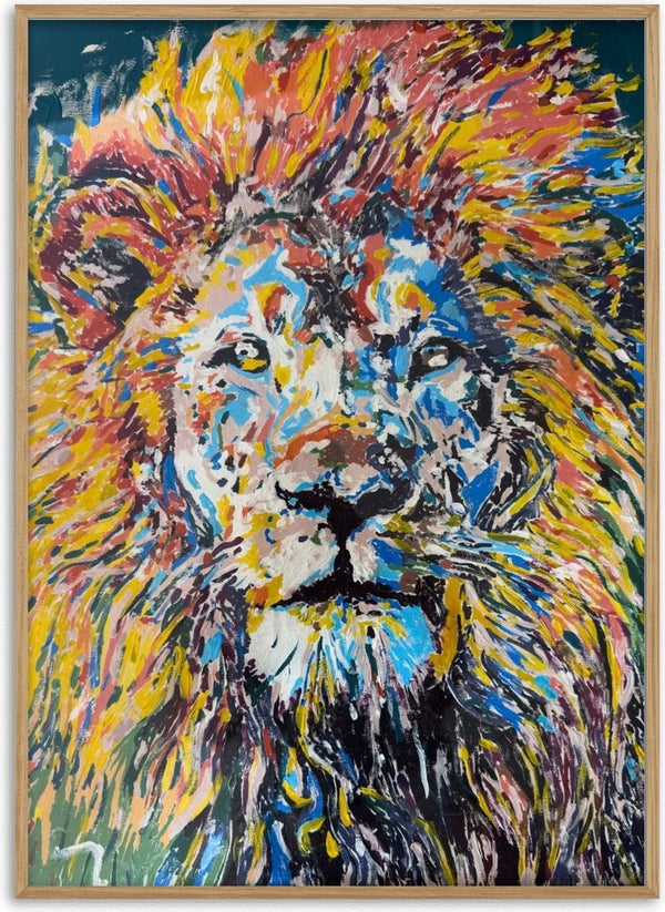Soul of a Lion by Bibi - a lion with a mane of yellow, orange, red and blue strokes