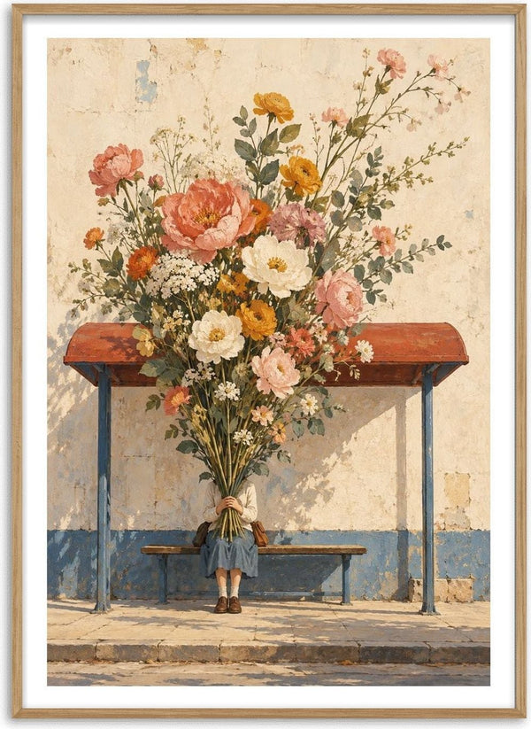Spring Missed the Bus by Matthews Gallerie - a child hidden behind an enormous bouquet at a weathered bus shelter