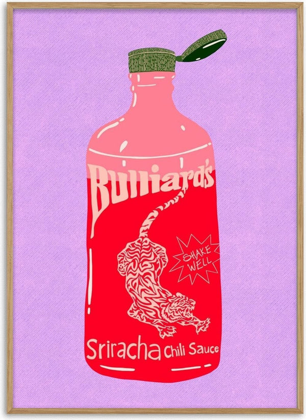 Sriracha chili sauce by Astrid Lind - a red chili sauce bottle against a flat lilac ground