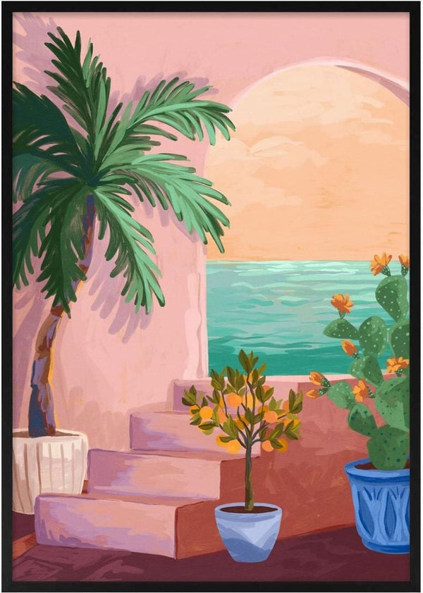 Colorful stairs with potted plants leading to a sea view under a warm sunset, Stairway To Paradise - Goed Blauw.