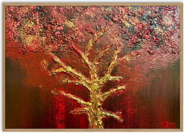 Strength by Jenyliza Kleemeyer - a golden tree with a thick pink crown on a deep red ground