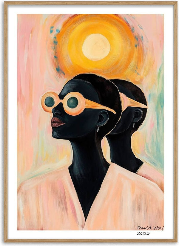 Painting of two figures in sunglasses beneath a radiant sun, from Sun Away by David Wolf.