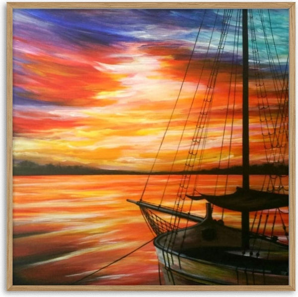 Sunset in red by Sunny - the bow and rigging of a boat against a sea and sky burning orange and red