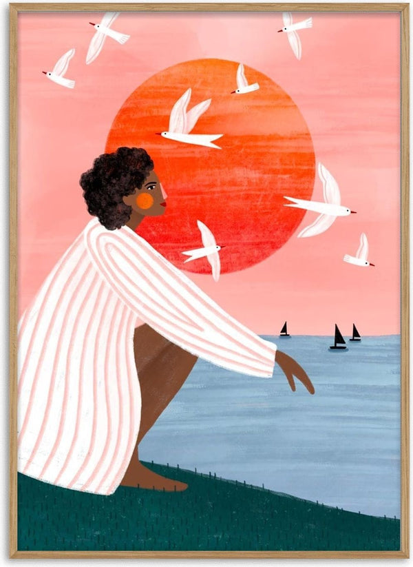 Illustration of a person by the sea at sunset, with birds flying and sailboats on the water. Sunset On My Own - Bea Muller.