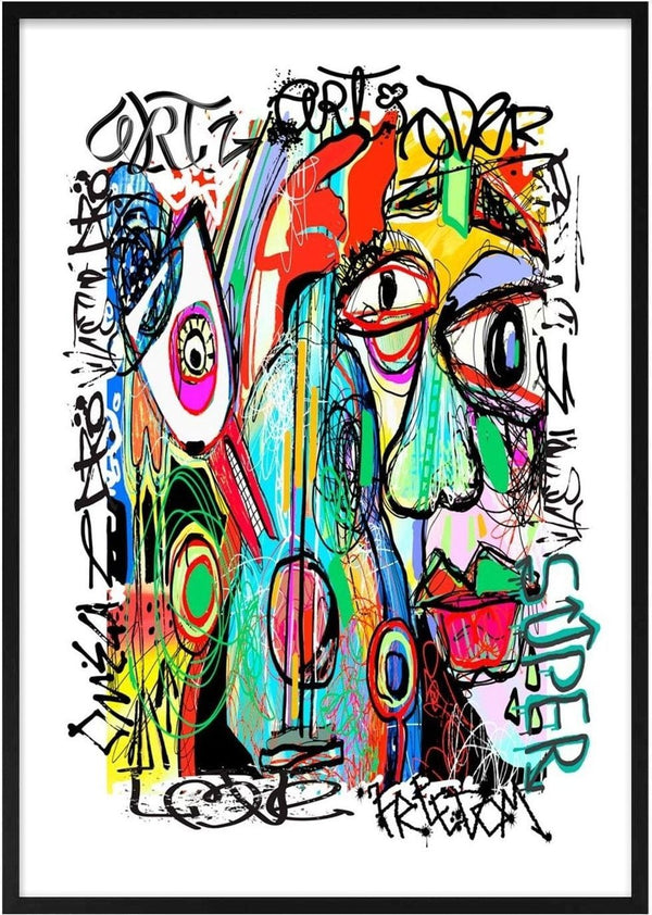 Colorful abstract portrait with bold lines, text "SUPER LOVE" and dynamic graffiti-style elements on white background.
